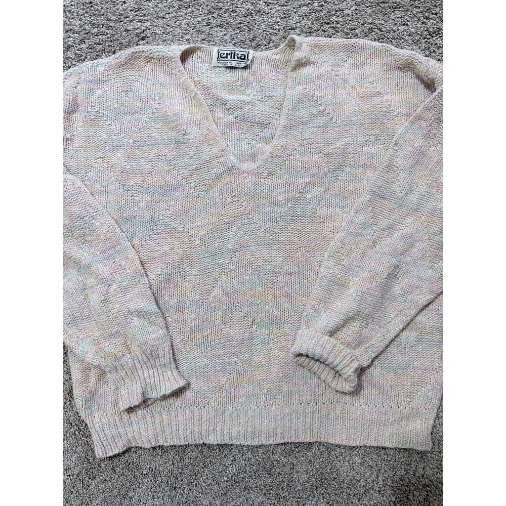 Vintage 80s Erika Pastel Geometric Knit Sweater USA ILGWU V-Neck 122